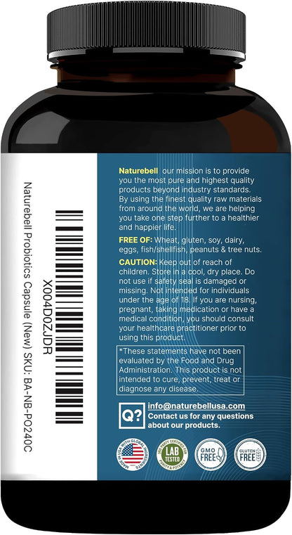 NatureBell Probiotics 200 Billion CFU Per Serving, 40 Strains, 240 Capsules | 4-in-1: Probiotics, Prebiotics, Postbiotics & Enzymes. Full-Spectrum, Multi-Strain. For Men & Women. Vegetarian, Non-GMO.
