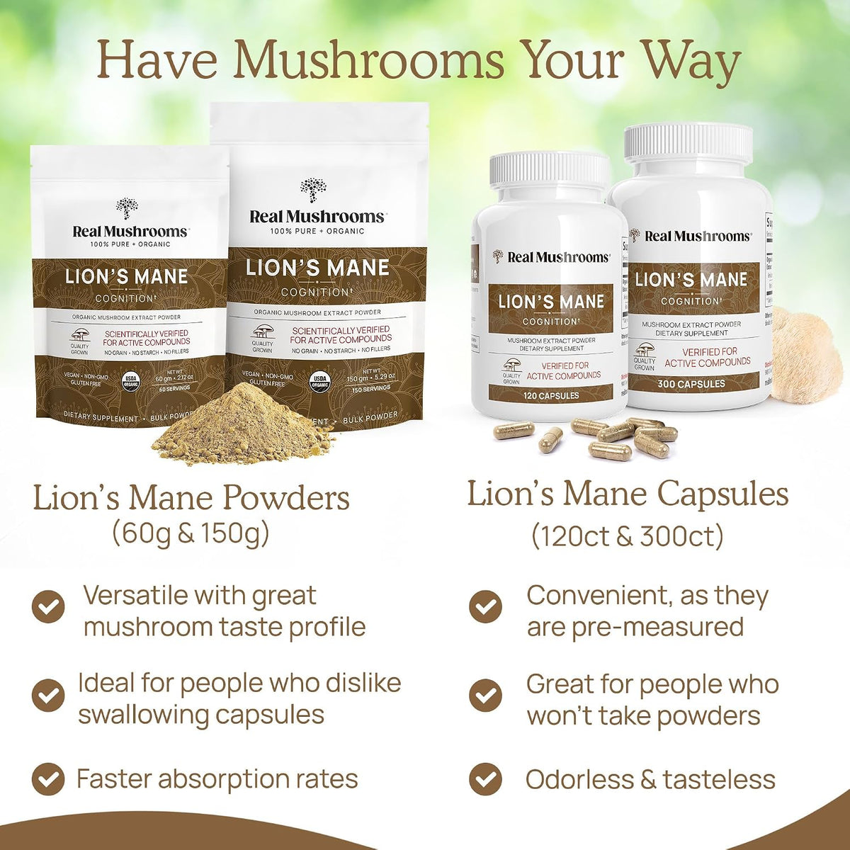 Real Mushrooms Ergothioneine (60ct) and Lions Mane (120ct) Bundle with Shiitake and Oyster Mushroom Extracts - Longevity and Cognition - Vegan, Gluten Free, Non-GMO