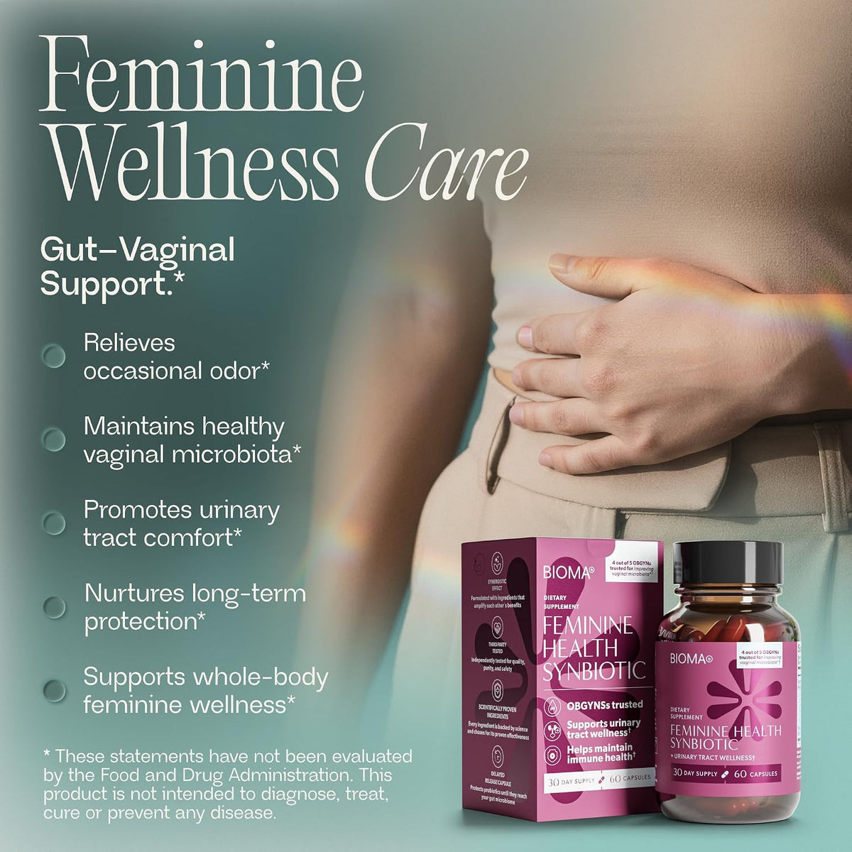 BIOMA Feminine Health Synbiotic - Women's Health Supplement for Healthy Vaginal pH, Urinary Tract & Digestive Support - with Probiotics, Cranberry & Tributyrin - 60 Capsules (30-Day Supply)