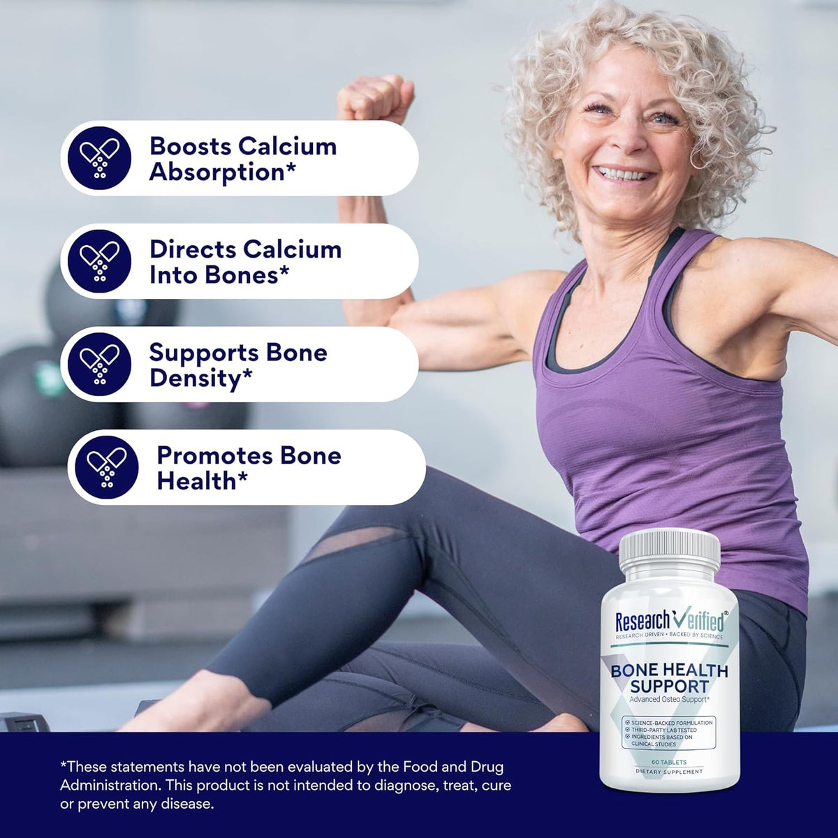 Research Verified Bone Health Support - Rebuild Bone Mass - Triple Calcium Complex, Vitamin D3, Vitamin K2, Soy Isoflavones, BioPerine - 60 Tablets - 1 Month Supply