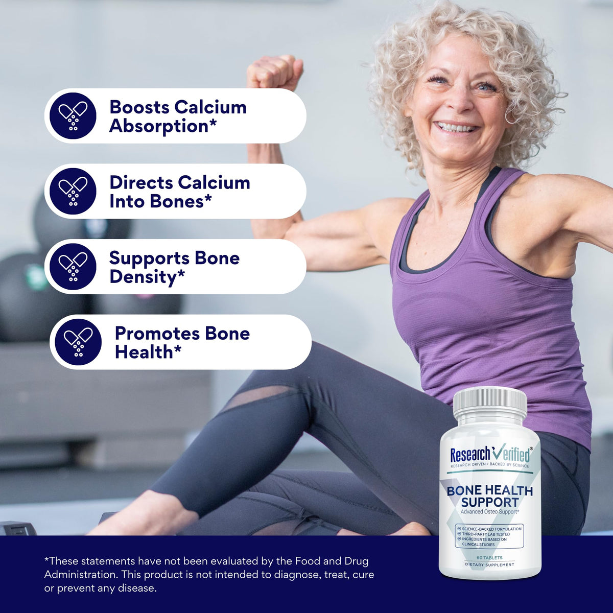 Research Verified Bone Health Support - Rebuild Bone Mass - Triple Calcium Complex, Vitamin D3, Vitamin K2, Soy Isoflavones, BioPerine - 60 Tablets - 1 Month Supply