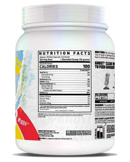GHOST Clear Whey Isolate Protein Powder, Blue Raspberry - 1.4 LB Tub, 25G of Whey Protein - Post Workout Drink for Muscle Gain & Recovery – Sugar Free, Soy Free & Zero Fat, 20 Servings
