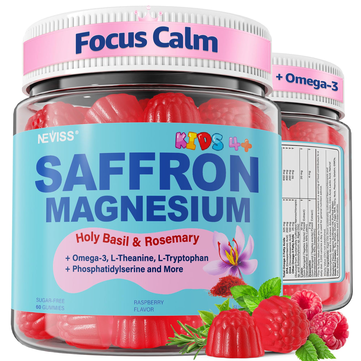 Saffron +Magnesium Glycinate +Omega-3 - Calm Focus Gummies for Kids 4+, Saffron Extract Supplement with L-Theanine, Holy Basil, Rosemary, B6, D3 for Happy Mood, Cognition, Nerve, Sugar Free, 2 Pack