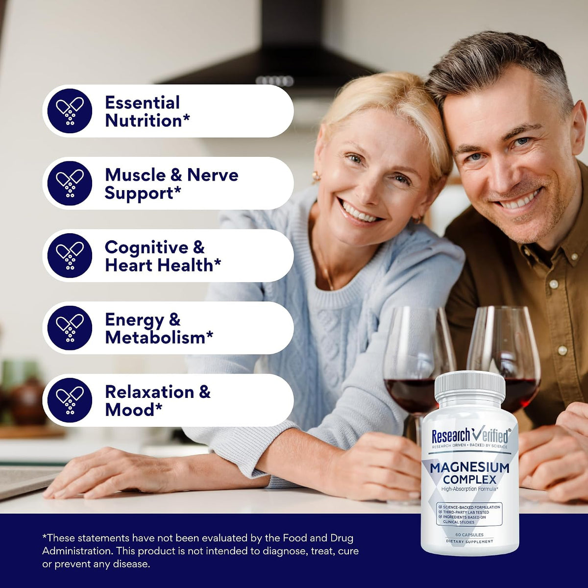 Research Verified Magnesium Complex - Brain, Muscle and Nerve Support - Magnesium Bisglycinate, Malate, Citrate, and Oxide - Bioperine - Vegan - 60 Capsules - Pack of 1