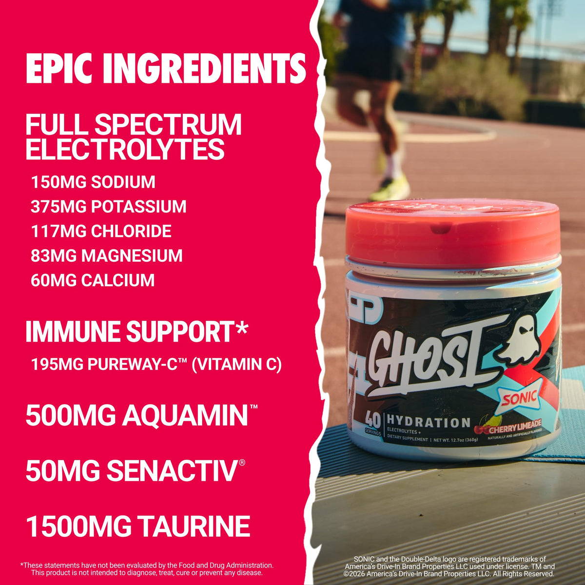 GHOST Hydration Sticks, Electrolyte Powder Packets, Sonic Cherry Limeade - 24 Sugar Free Instant Electrolyte Drink Mix - Caffeine-Free Daily Hydration & Immune Support with Clean Formula