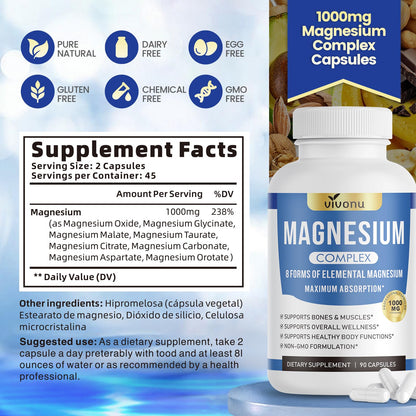 Triple Magnesium Complex for Women and Men, Magnesium Glycinate 400mg, Malate, Citrate, High Absorption Chelated Magnesium Supplement Support Sleep, Muscle, Non-GMO, Gluten Free - 240 Capsules