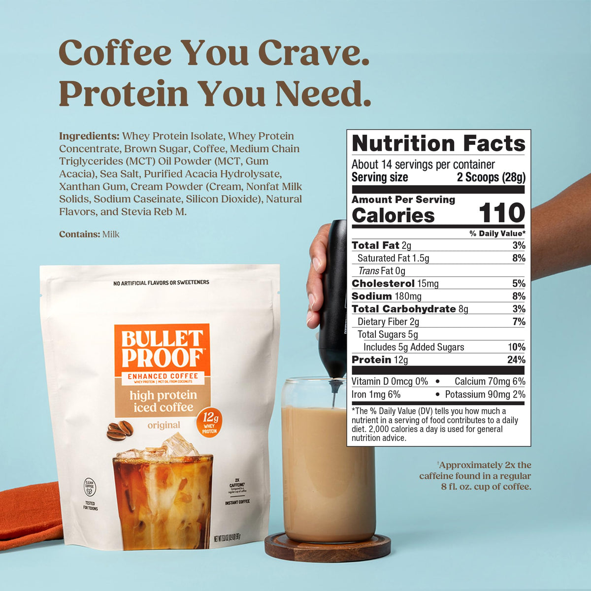 Bulletproof Iced Protein Coffee, Mocha, 12g Whey Protein + MCT Oil, 170mg Caffeine, Instant Coffee from Real Beans & Cocoa, Tested for Toxins, No Artificial Flavors & Sweeteners, 14 Servings