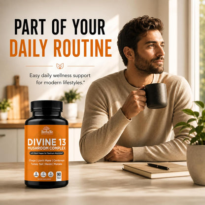 HerbaMe 13 Mushroom Extract Complex Capsules with Lion’s Mane, Cordyceps, Turkey Tail, Reishi & Chaga – Brain, Energy & Immune Support Supplement with Black Pepper for Absorption, 90 Count