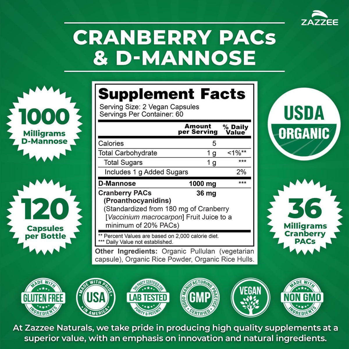 Zazzee USDA Organic Cranberry PACs & D-Mannose, 36 mg PACs per Serving, 1000 mg D-Mannose per Serving, 120 Vegan Capsules, 2 Month Supply, Urinary Tract & Bladder Support, Non-GMO, Made in the USA