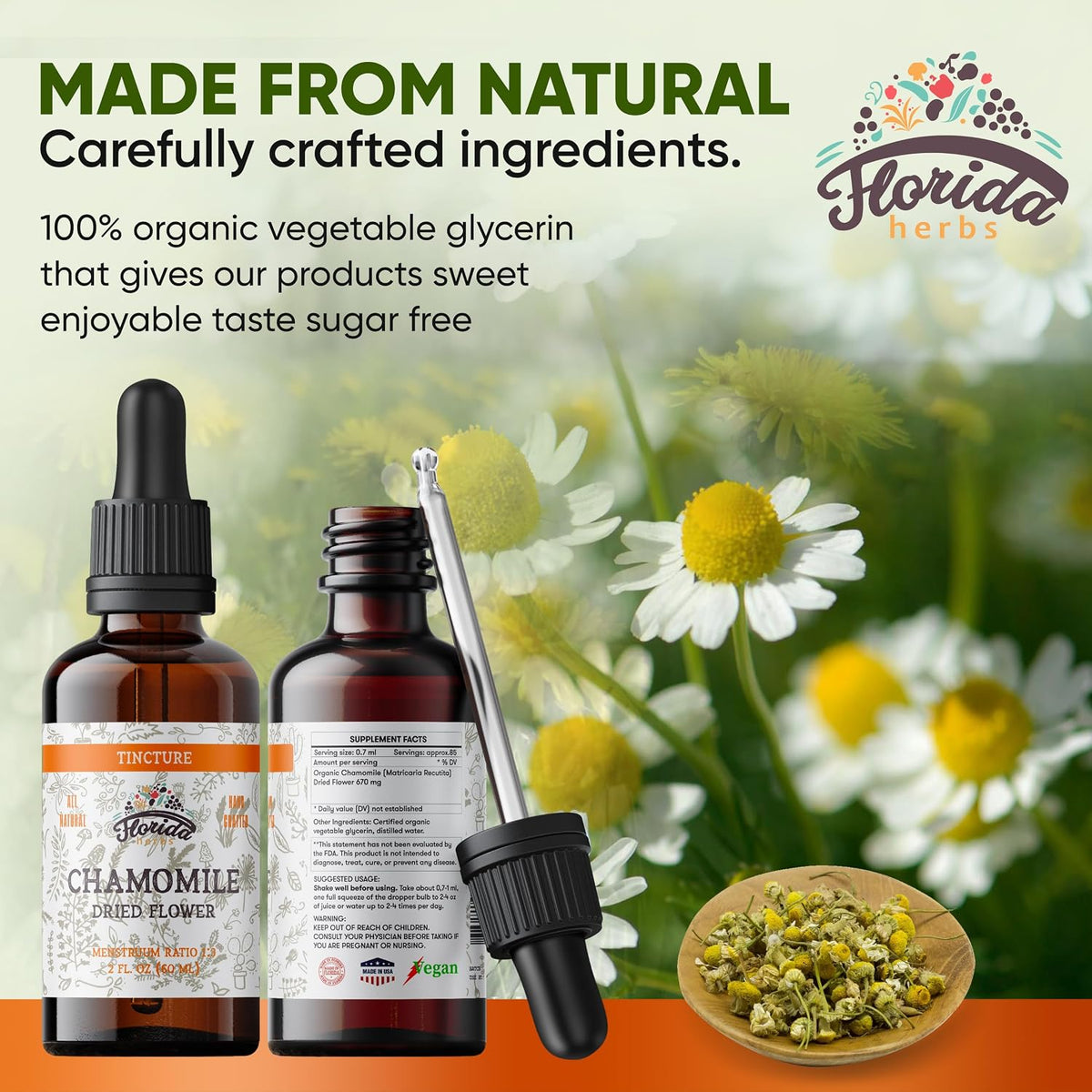 Chamomile Tincture, Organic Chamomile Extract (Matricaria Recutita) Dried Flowers, Non GMO Gluten Free in Cold-Pressed Organic Vegetable Glycerine 670 mg 2 Oz (60 ml)
