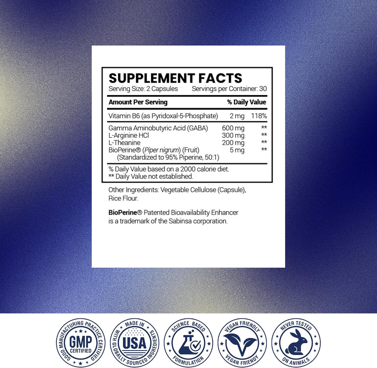 Research Verified GABA+ - Relaxation, Mood, Sleep - 600mg GABA, L-Arginine, L-Theanine, P5P, BioPerine - 60 Vegan Capsules - Pack of 1