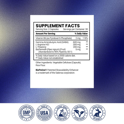 Research Verified GABA+ - Relaxation, Mood, Sleep - 600mg GABA, L-Arginine, L-Theanine, P5P, BioPerine - 60 Vegan Capsules - Pack of 1