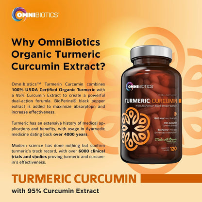 OmniBiotics Organic Turmeric Curcumin Supplement with Black Pepper Extract – 1500mg Turmeric with 95% Curcuminoids & BioPerine, High Absorption for Joint Support – 120 Vegan Capsules