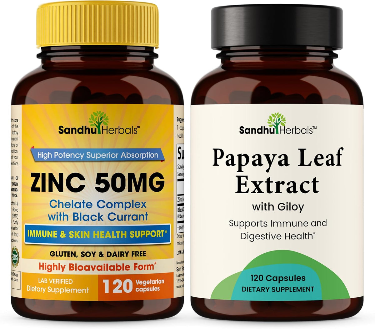 SANDHUHERBALS Zinc 50mg Bundle with Papaya Leaf Extract Capsules (120 Count Each) | Supports Immune Health for Men & Women