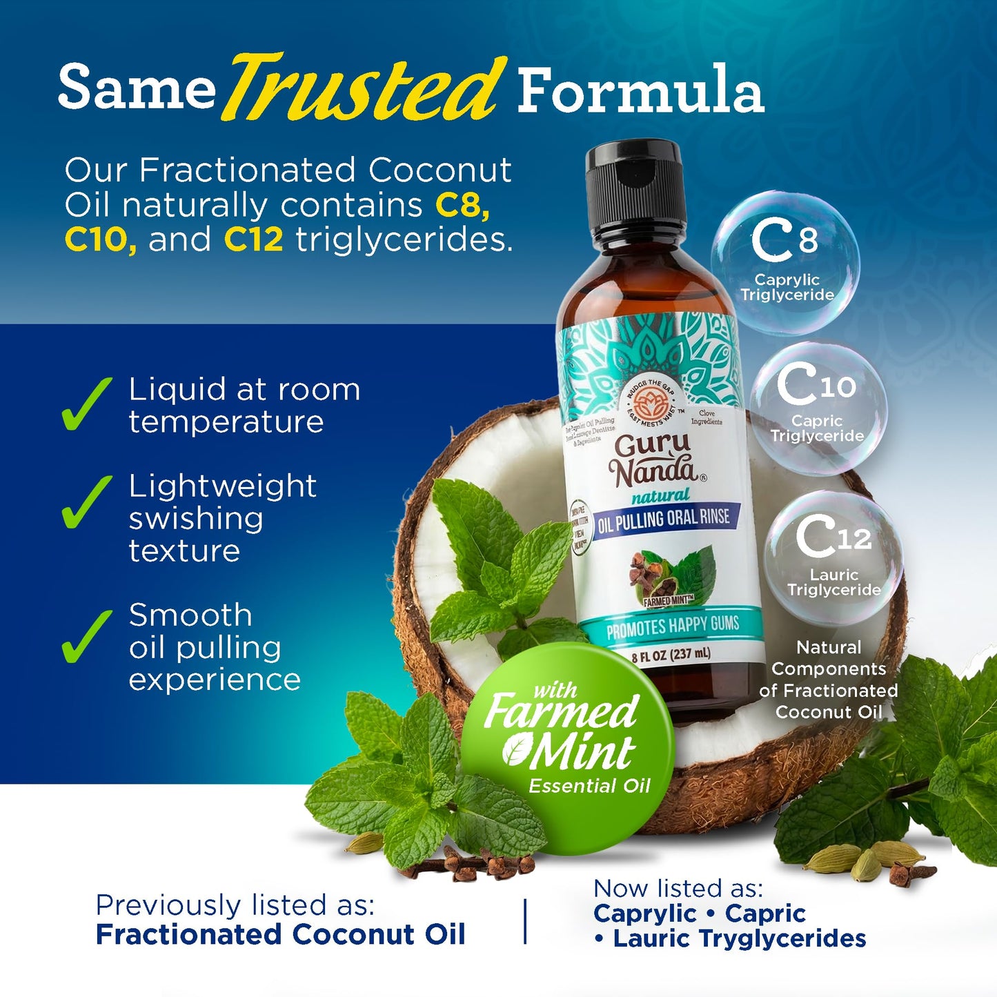 GuruNanda CocoMint Oil Pulling Mouthwash for Complete Oral Hygiene, 7 Essential Oils & Vitamins for Happy Teeth & Gums & Fresh Breath with Toothbrush & Tongue Scraper