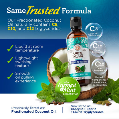 GuruNanda CocoMint Oil Pulling Mouthwash for Complete Oral Hygiene, 7 Essential Oils & Vitamins for Happy Teeth & Gums & Fresh Breath with Toothbrush & Tongue Scraper