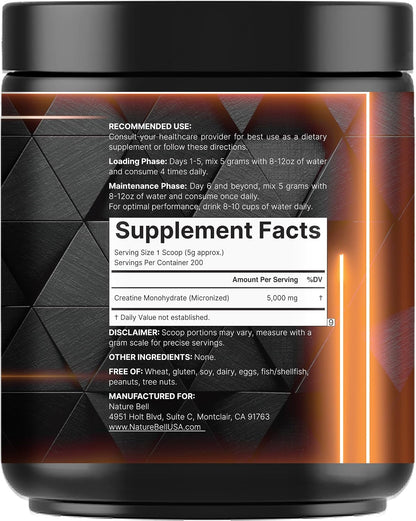 NatureBell Micronized Creatine Monohydrate Powder, 200 Servings | 5g Per Serving. Creatine Bulk Supply (1 kg / 2.2 lb). Unflavored & Easy-to-Mix. Keto, Vegan, Filler Free.