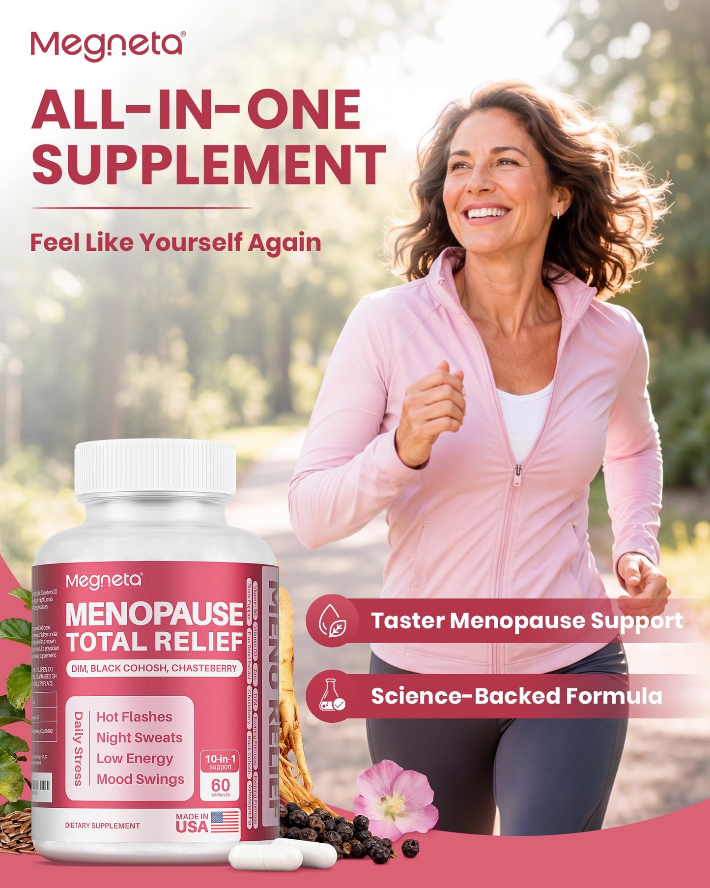MEGNETA Menopause Supplements for Women - 10-in-1 Hormone Balance Complex with Black Cohosh, DIM, Chasteberry & Ashwagandha - Support for Hot Flashes, Night Sweats