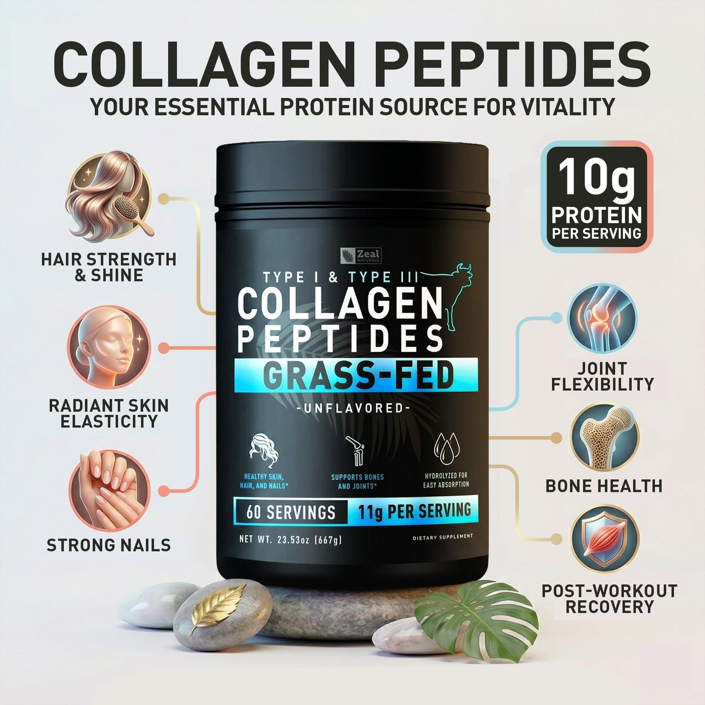 Zeal Naturals Hydrolyzed Collagen Peptides Powder, 10g Protein | Grass-Fed Collagen for Women & Men | Essential Amino Acids | Hair, Skin, Nails, Bone Health | 60 Servings, Unflavored, 23.53 oz.
