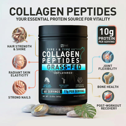 Zeal Naturals Hydrolyzed Collagen Peptides Powder, 10g Protein | Grass-Fed Collagen for Women & Men | Essential Amino Acids | Hair, Skin, Nails, Bone Health | 60 Servings, Unflavored, 23.53 oz.