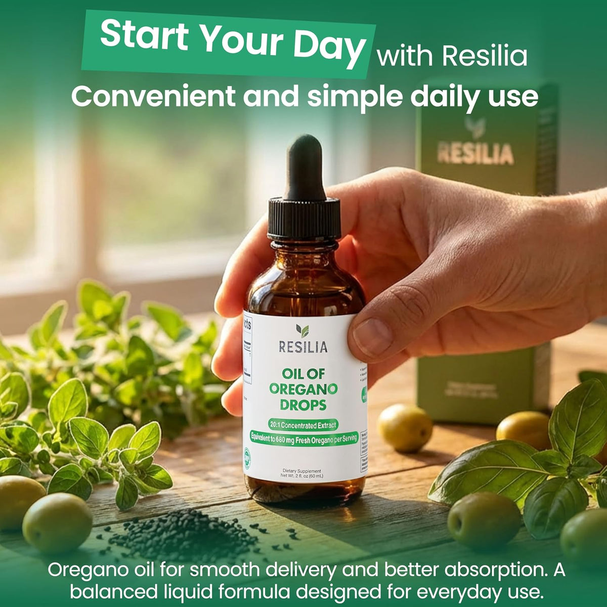 Resilia Premium Oregano Oil Drops – High Potency 34mg Per Serving – Herbal Antioxidant Formula for Immune Support – Non-GMO, Easy-to-Use Liquid Supplement, 60ml