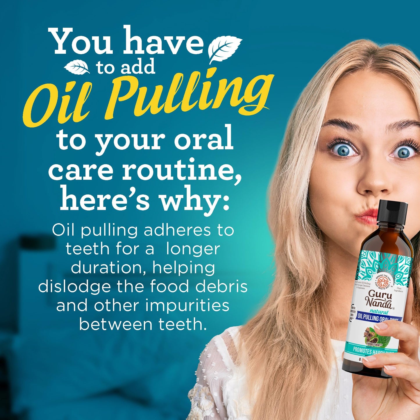GuruNanda CocoMint Oil Pulling Mouthwash for Complete Oral Hygiene, 7 Essential Oils & Vitamins for Happy Teeth & Gums & Fresh Breath with Toothbrush & Tongue Scraper