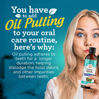 GuruNanda CocoMint Oil Pulling Mouthwash for Complete Oral Hygiene, 7 Essential Oils & Vitamins for Happy Teeth & Gums & Fresh Breath with Toothbrush & Tongue Scraper