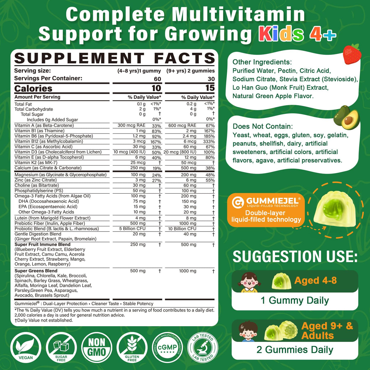 Kids Multivitamin Gummies, 20+ Super Greens Fruit Veggies Supplement Superfood Daily Fiber Gummies for Picky Eater with Probiotics Kids Gummy Vitamins & Minerals for Growth, Gut, Immune Support, 60Cts