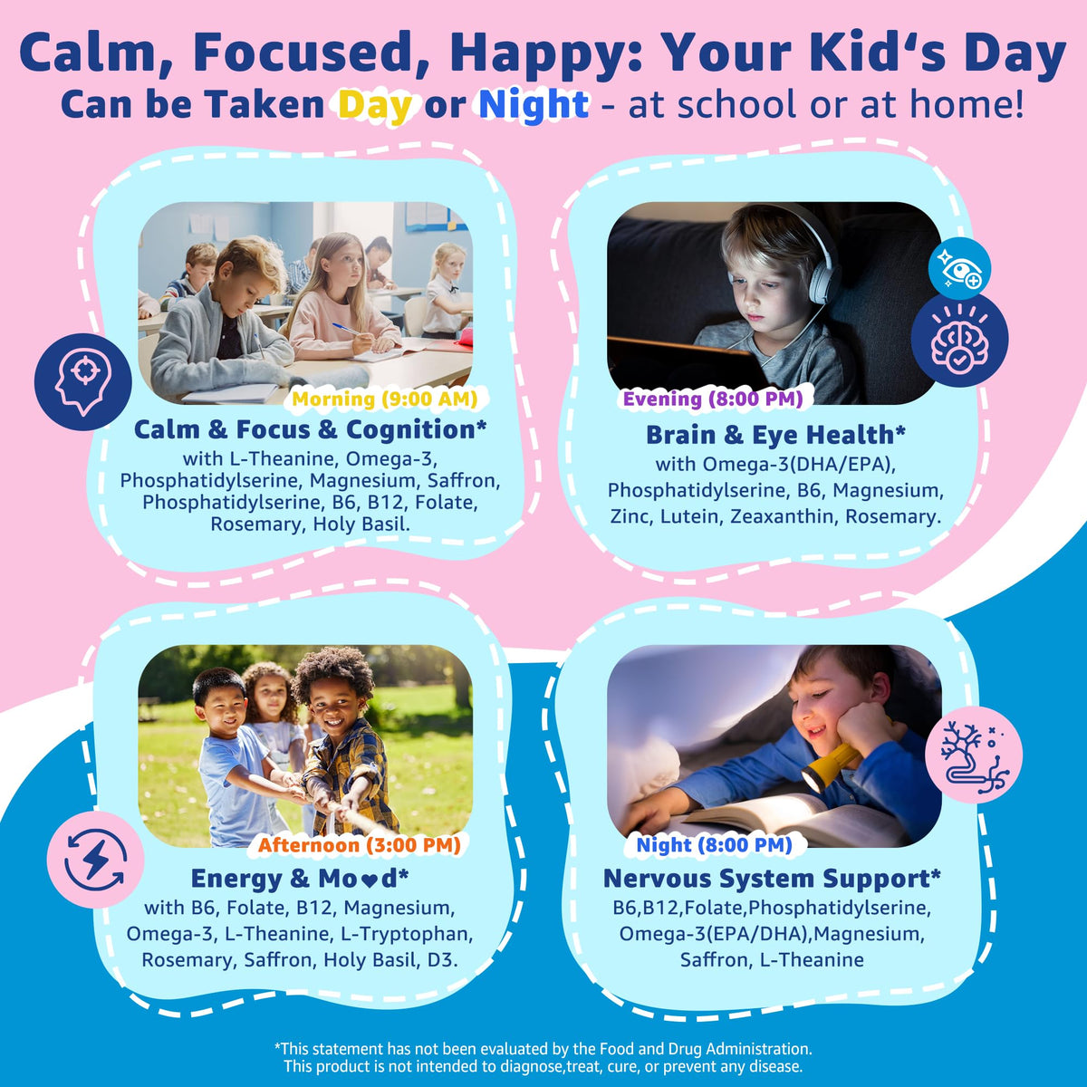 Saffron +Magnesium Glycinate +Omega-3 - Calm Focus Gummies for Kids 4+, Saffron Extract Supplement with L-Theanine, Holy Basil, Rosemary, B6, D3 for Happy Mood, Cognition, Nerve, Sugar Free, 2 Pack