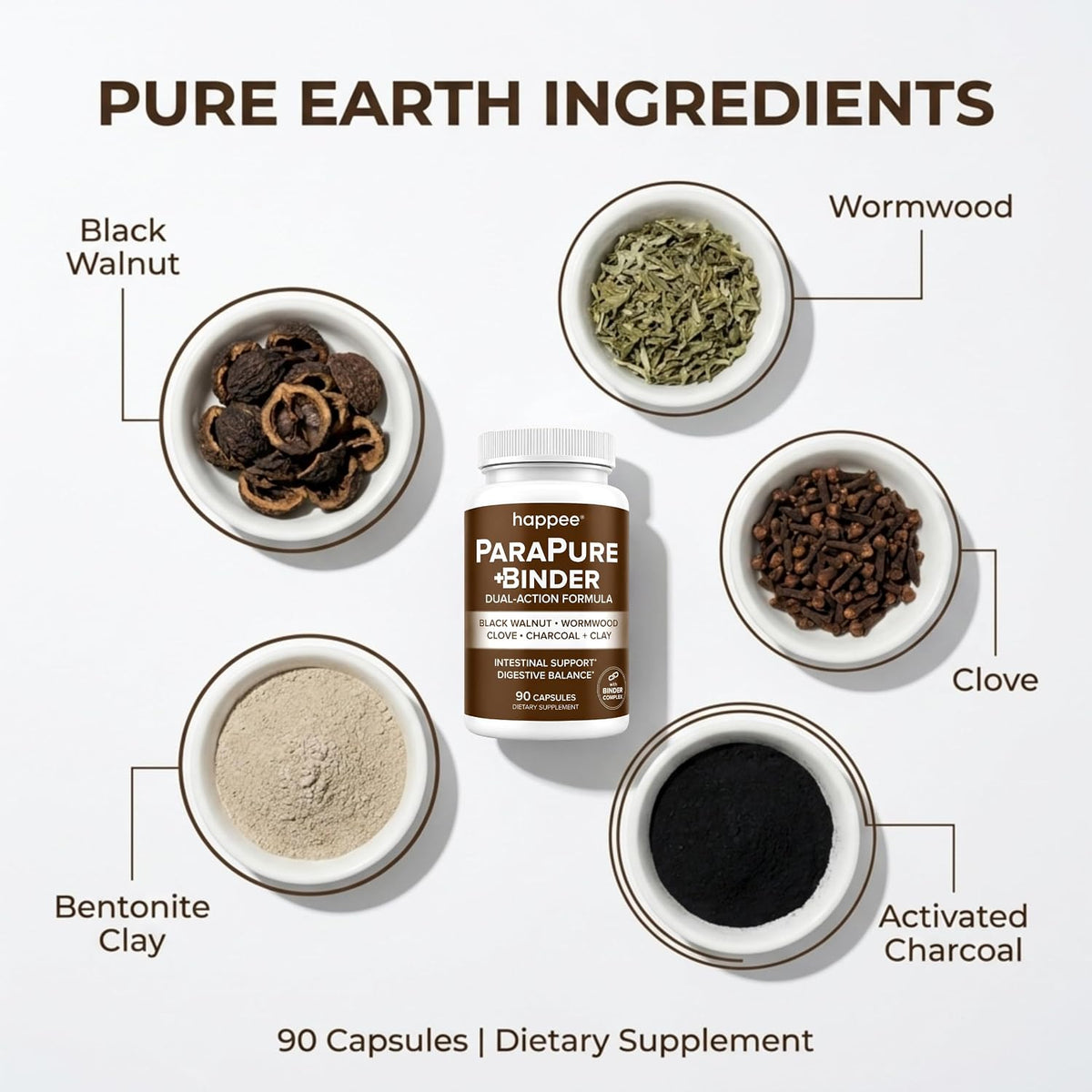 Happee ParaPure Cleanse with Binder for Humans, Intestinal Support, 2-in-1 | Wormwood, Black Walnut, Clove with Charcoal Binder for Digestive Balance (No Stack Needed) 90 Capsules