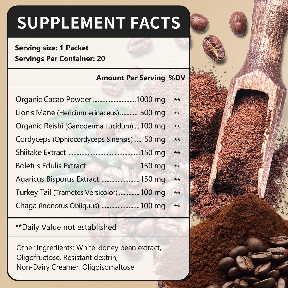 CANLIST Organic 9 in 1 Mushroom Coffee Powder with Lion's Mane & Chaga,Cordyceps, Reishi, Shiitake for Cognitive Focus, Immune Support & Stress Relief, Non-GMO & Vegan Friendly（20 Stick Packets）