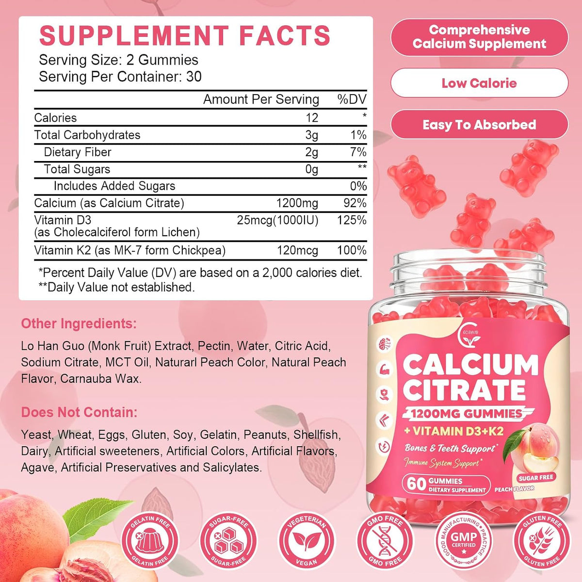Calcium Citrate Gummies 1200 mg with Vitamin D3, K2 for Bone, Muscle & Immune Support, High Absorption Chewable Calcium Supplements for Women & Men, Sugar Free, Vegan, Peach Flavor, 60 Chews