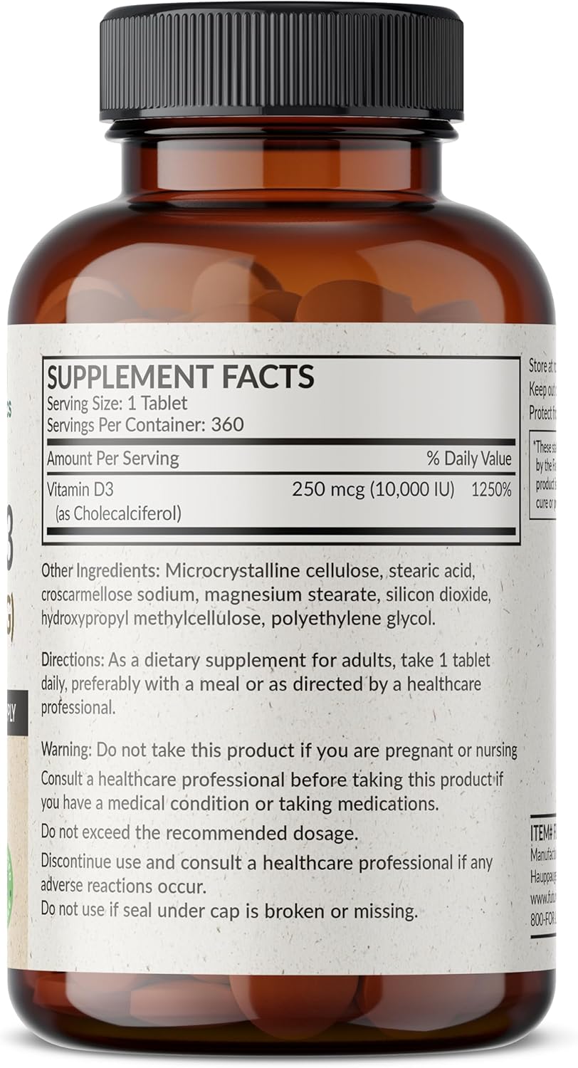 Futurebiotics Vitamin D3 10,000iu (250mcg) 360 Day Supply for Healthy Muscle Function and Immune Support, Non-GMO, 360 Tablets