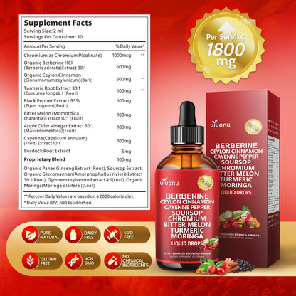 14-in-1 with Ceylon Cinnamon Supplement Liquid Drops, 1800mg + 30:1 Liposomal Tech with Cayenne Pepper, Soursop, Chromium, Bitter Melon,