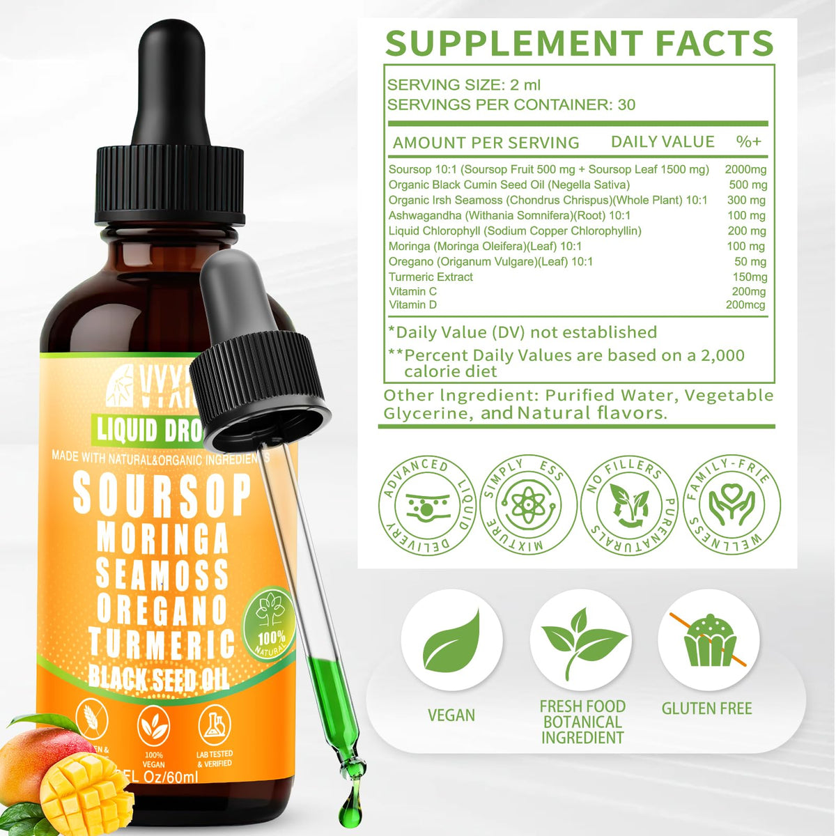 Soursop Bitters Liquid Drops 10 in 1 with Sea Moss, Moringa, Turmeric, Black Seed Oil, Oregano, Ashwagandha | Herbal Extracts for Overall Health-Enhancing |Vegan, Non-GMO| 2 Fl Oz(Mixed Berry Flavor)