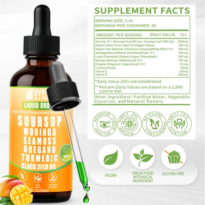 Soursop Bitters Liquid Drops 10 in 1 with Sea Moss, Moringa, Turmeric, Black Seed Oil, Oregano, Ashwagandha | Herbal Extracts for Overall Health-Enhancing |Vegan, Non-GMO| 2 Fl Oz(Mixed Berry Flavor)