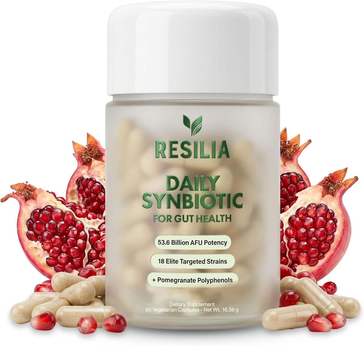 Resilia Synbiotic Probiotic + Prebiotic Supplement for Women & Men – 53.6 Billion AFU, 18 Strains, Shelf-Stable Capsules with Polyphenols, Digestive & Gut Balance Support, 60 Capsules
