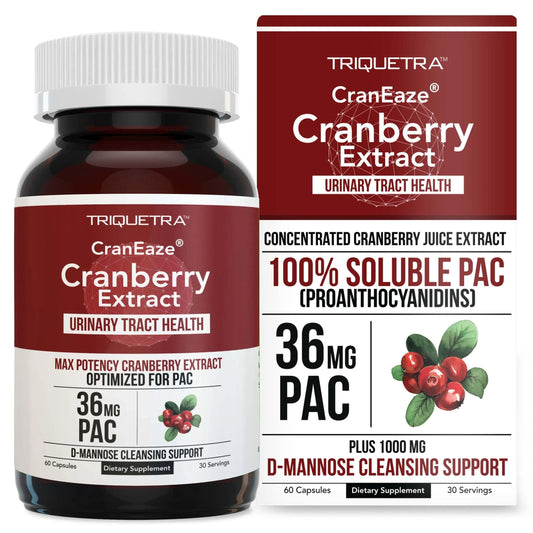 CranEaze®: Cranberry Juice Extract Plus D-Mannose – 36 mg PAC, 100% Soluble PAC - Supports Urinary Tract Health – Most Effective Cranberry Pills for Women, UTI Cranberry Supplement - 60 Capsules Triquetra HealthBuy Supplements Australia