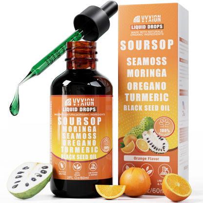 Soursop Bitters Liquid Drops 10 in 1 with Sea Moss, Moringa, Turmeric, Black Seed Oil, Oregano, Ashwagandha | Herbal Extracts for Overall Health-Enhancing |Vegan, Non-GMO| 2 Fl Oz(Mixed Berry Flavor)
