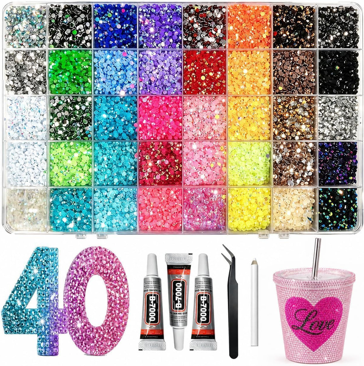 40000Pcs Bedazzling Kit, 40 Mix Colors Rhinestones Gems for Bedazzled Kits, All-in-One Bedazzler Kit Set for Crafting, Nail Art, Shoes, Books
