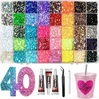 40000Pcs Bedazzling Kit, 40 Mix Colors Rhinestones Gems for Bedazzled Kits, All-in-One Bedazzler Kit Set for Crafting, Nail Art, Shoes, Books