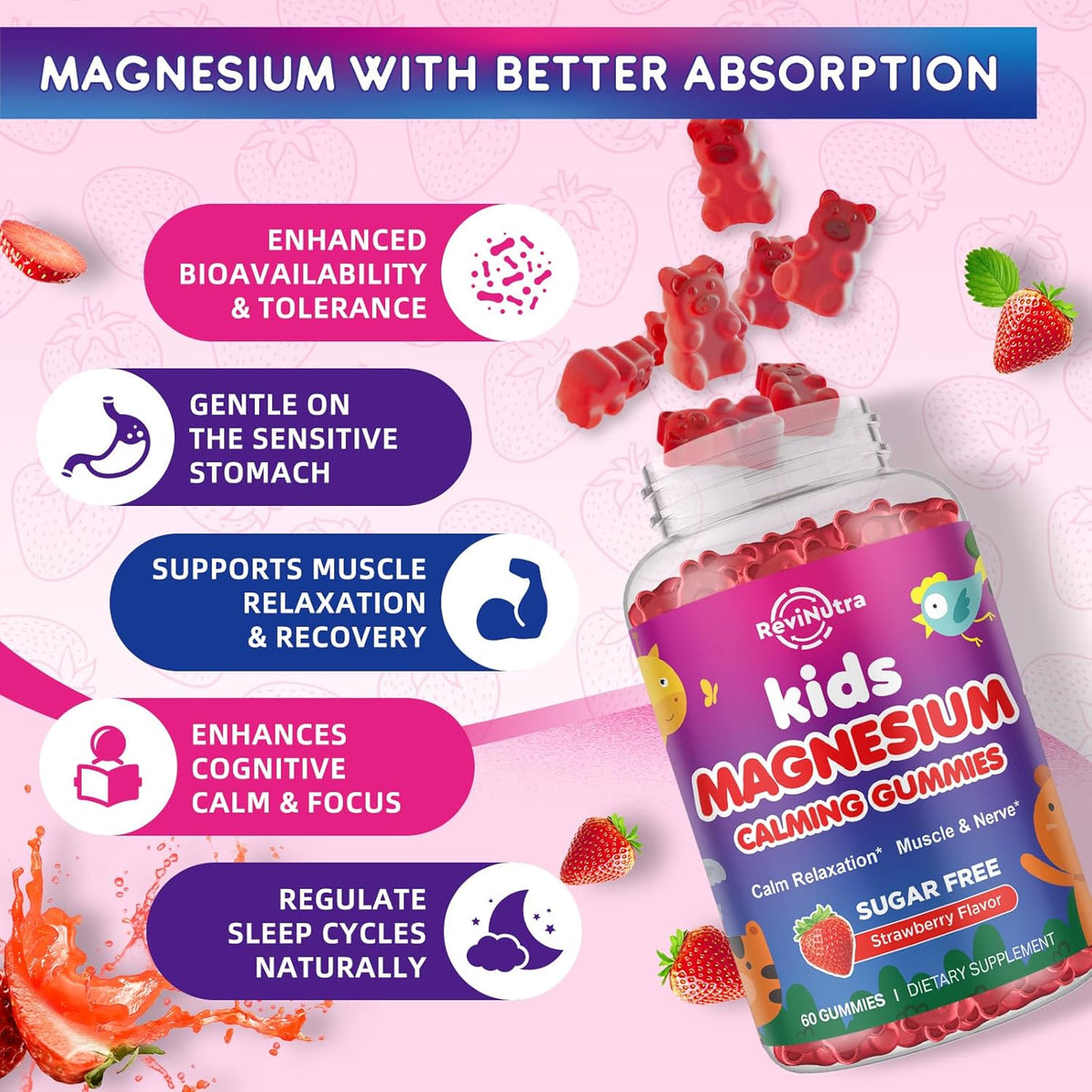 Magnesium Complex Gummies for Kids Adults Magnesium Supplements Sugar Free Strawberry Flavor
