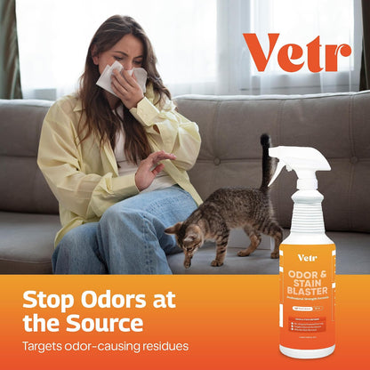 vetr Pet Odor & Stain Blaster - Enzyme Pet Stain & Odor Removal Spray - 32 oz Bottle for Carpet, Upholstery & Floors - Rid of Dog & Cat Urine, Vomit & Messes