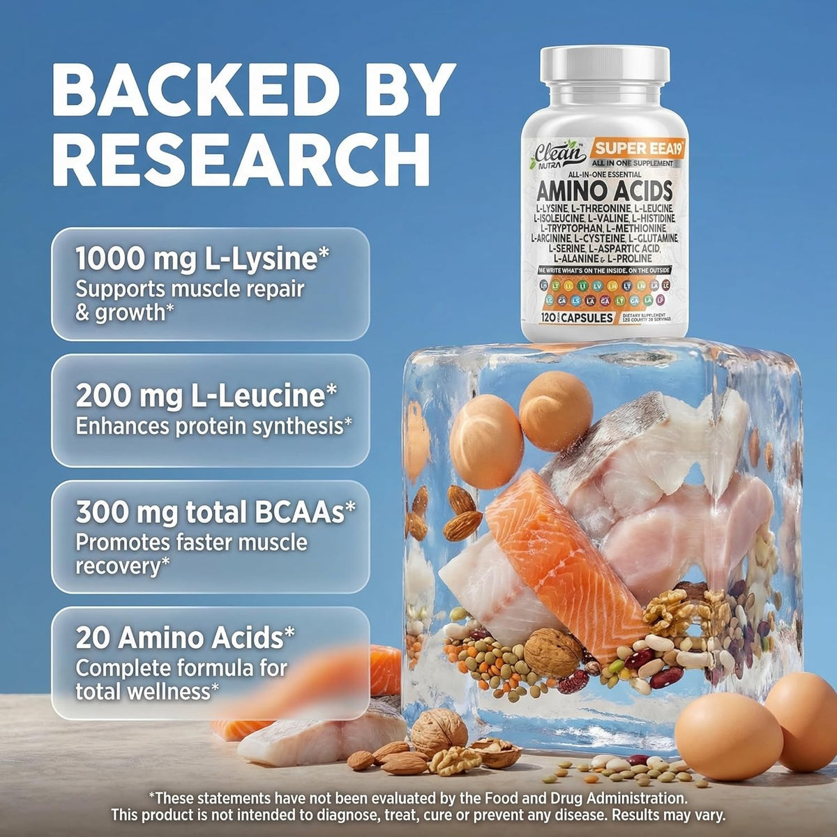 Clean Nutraceuticals Amino Acids Supplement L-Lysine, L-Threonine, L-Leucine, Isoleucine, Valine, L-Histidine, L-Tryptophan, L-Methionine, L-Arginine, L-Cysteine, L-Glutamine, L-Serine, Aspartic Acid