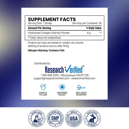 Research Verified® Collagen Powder - Hydrolyzed Marine Collagen Peptides - Unflavored - Skin Hydration and Elasticity, Muscle Recovery, Non GMO - 30 Scoops Per Container - 1 Month Supply
