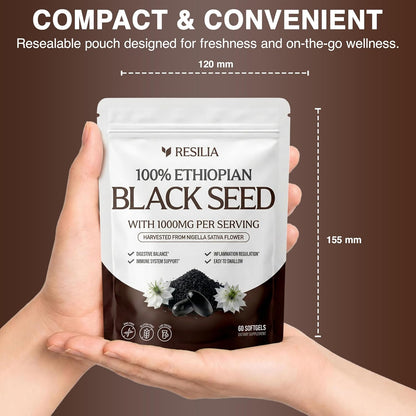 Resilia Ethiopian Black Seed Softgels 1000mg Per Serving – Premium Nigella Sativa Seed Oil Supplement – Digestive & Immune Support Formula – Easy to Swallow Soft Capsules 120 Count (Pack 2)
