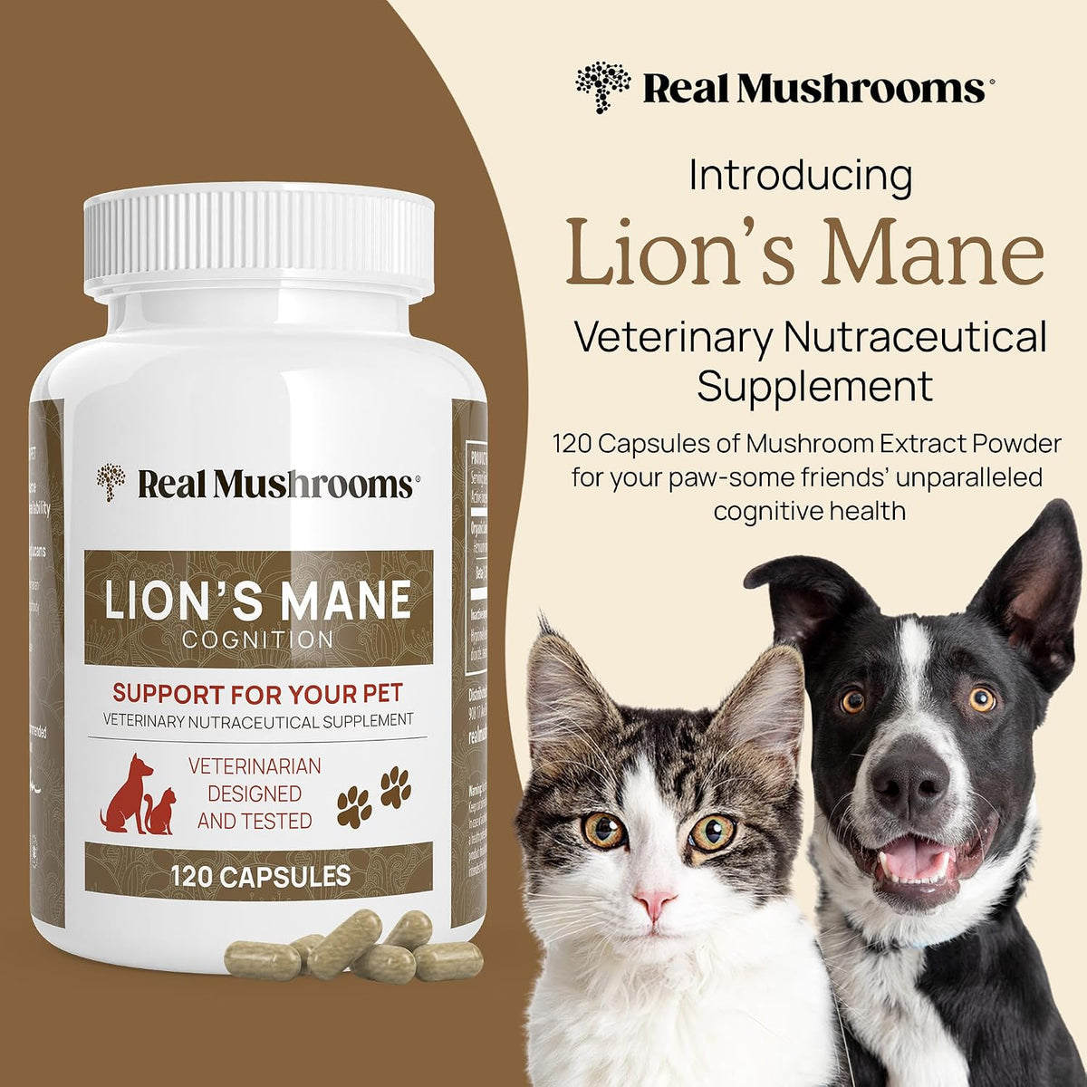 Real Mushrooms Lions Mane for Humans (120ct) and Pets (120ct) - Bundle for Cognition & Immunity - Vegan, Non-GMO, Gluten-Free, Grain-Free Mushroom Extract Supplements