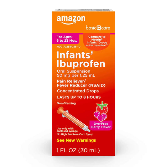 Amazon Basic Care Infants' Ibuprofen Oral Suspension, Pain Reliever and Fever Reducer, 50 mg/1.25 mL, Berry Flavor Concentrated Drops, Dye-Free, 1 fl oz (Pack of 1) Amazon Basic CareBuy Supplements Australia