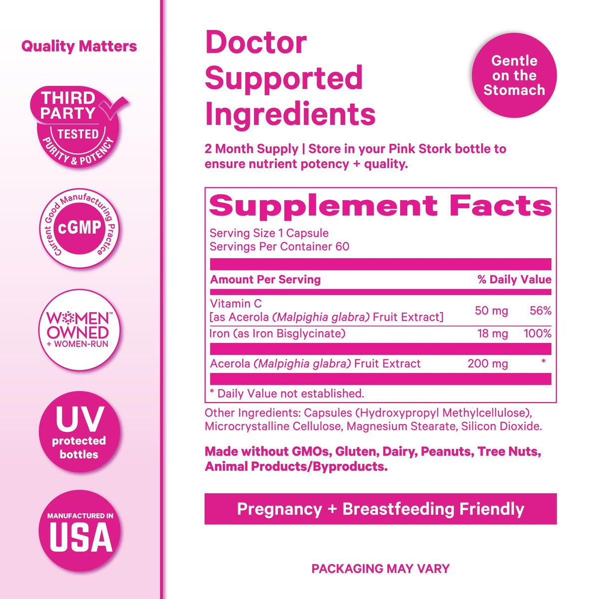 Pink Stork Iron for Women with Vitamin C, 60 Capsules, 2-Month Supply | 18 mg Chelated Iron Bisglycinate + Vitamin C, Supports Energy, Focus + Oxygen, Pregnancy, Postpartum, PMS + Perimenopause