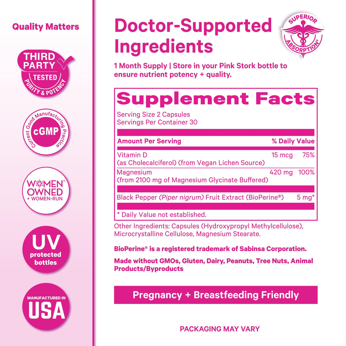 Pink Stork Magnesium Glycinate with Vitamin D, 60 Capsules | Magnesium Supplement for Women, Supports Natural Calm, Mood, and Sleep, Hormone Balance for Women, 1 month supply
